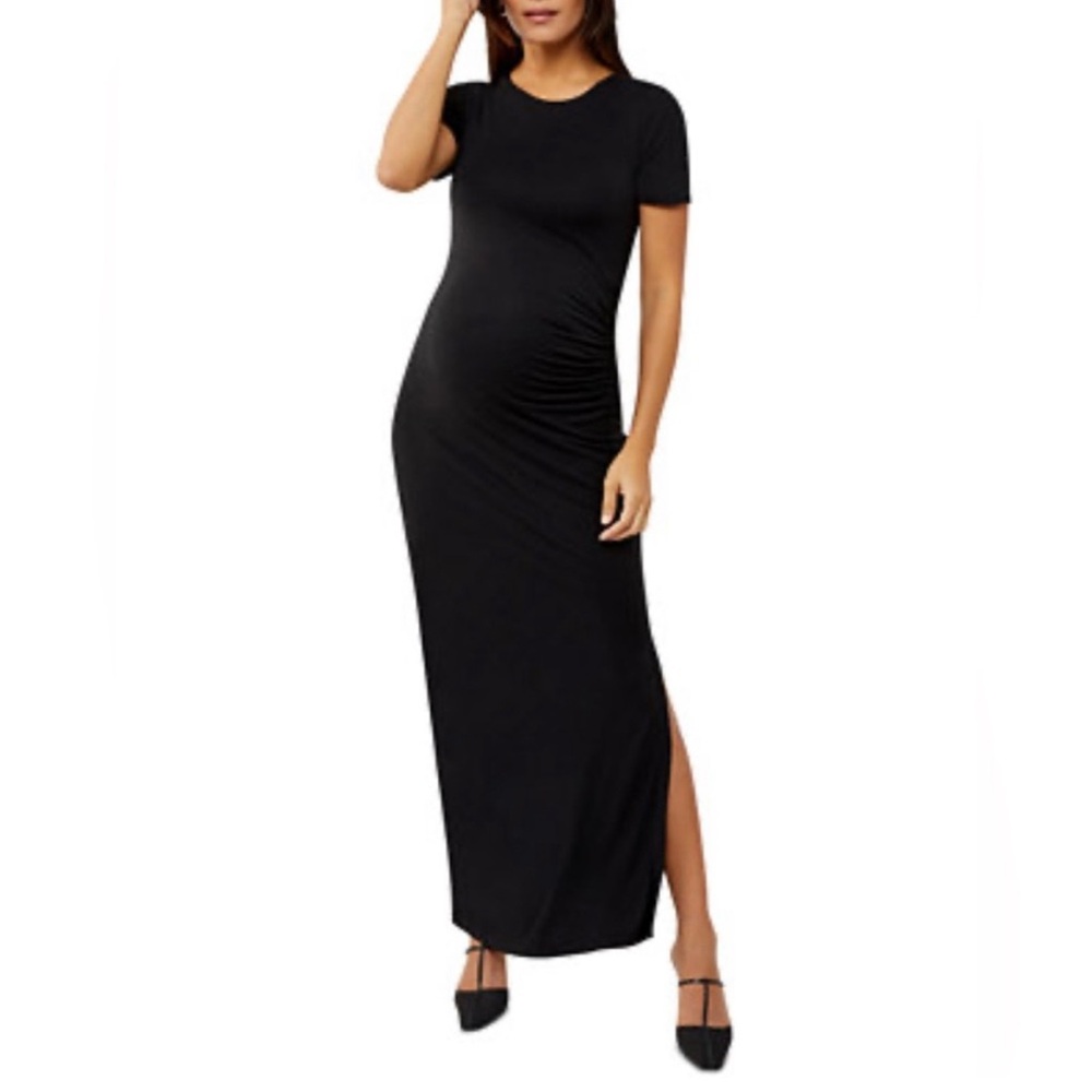 A pea in the pod maternity stretch black maxi dress short sleeves slit lg